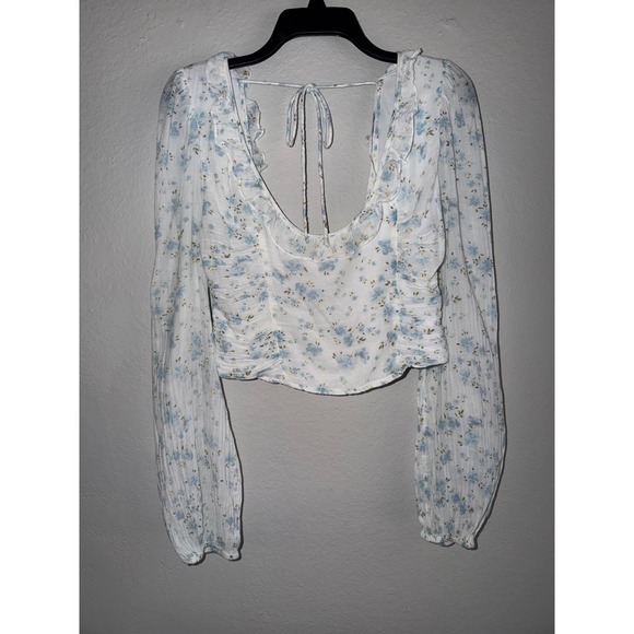 Free People Tops - Free People Blue Floral Smocked Back Ruffle Crop Top Long Sleeve Womens Medium